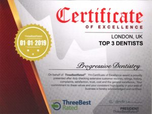 progressive dentistry top 3 dentists in london uk 2019 - certificate of excellence by three best rated