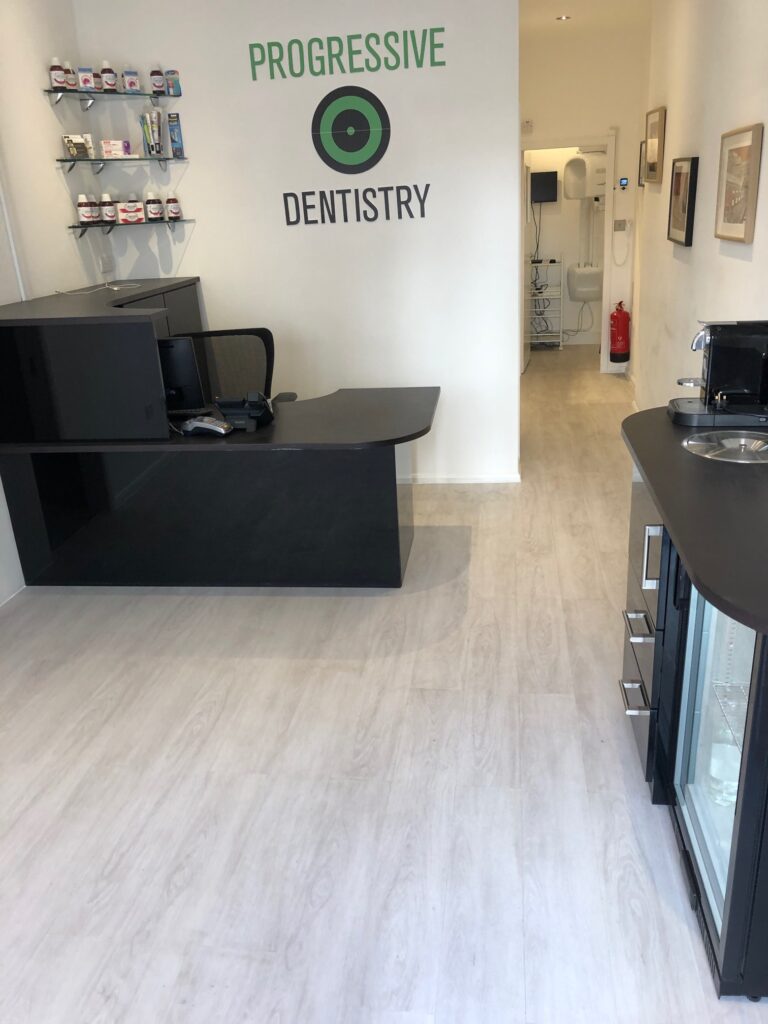 Internal reception at progressive dentistry with new flooring with a white oak effect vinyl